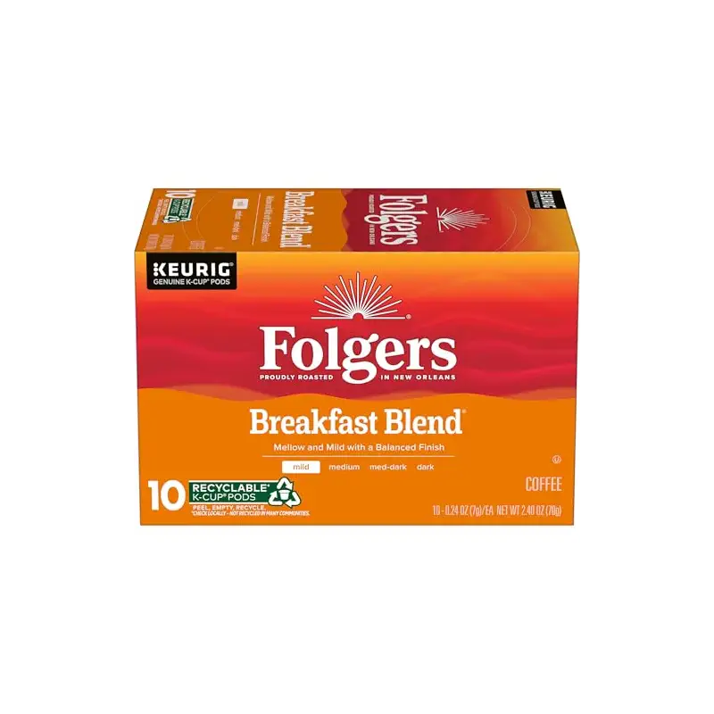 Folgers Breakfast Blend Coffee, Mild Roast, Keurig K-Cup Pods, 10 Count