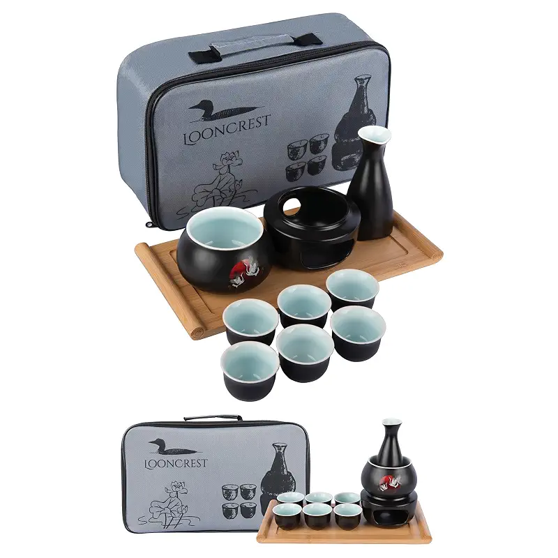 Japanese Sake Cup Set with 6 Ceramic Cups, 1 Ceramic Sake Bottle, 1 Ceramic Sake Warmer, Bamboo Tray, and Cloth Carrying Case | Perfect Hot Sake Set for Authentic Japanese Experience