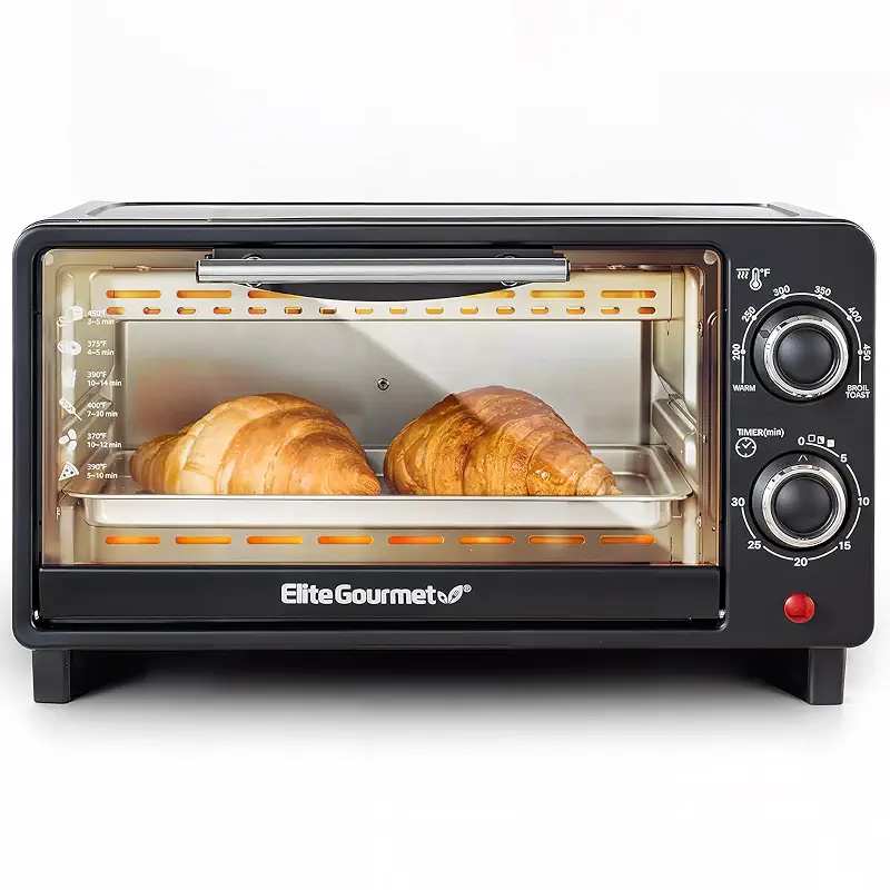 Elite Gourmet ETO490 9L/4-Slice Oven, 30-Min Timer, Adj. Temp, Black | Includes Baking Pan & Wire Rack - Bake, Broil & Toast functions for dorms and RVs - Countertop Design