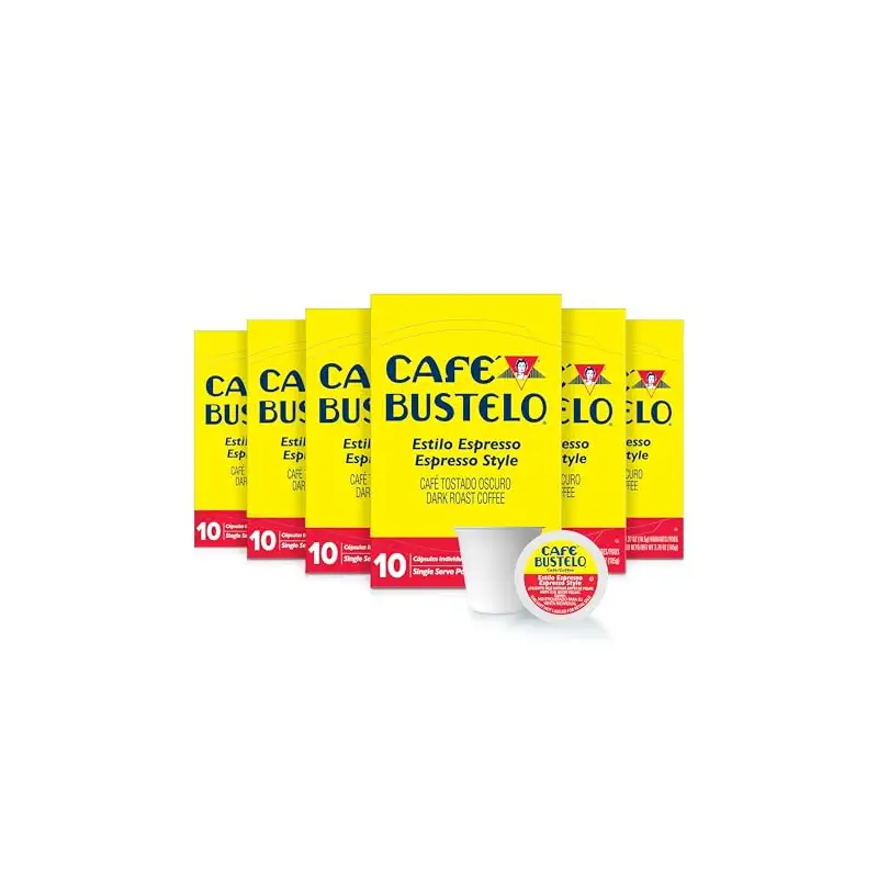 Café Bustelo Espresso Style Dark Roast Coffee Pods, 60 Count | 6 boxes of 10 pods each, Compatible with Keurig brewers (Not affiliated. See full product description), Bold Latin taste