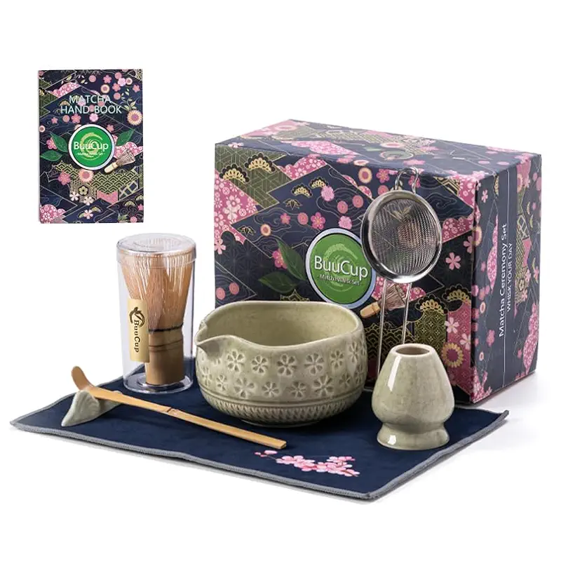 Buucup Matcha Whisk Set, Ceramic Matcha Kit Set Includes Matcha Bowl, Matcha Whisk and Holder, Bamboo Scoop, Scoop Rest, Sifter and Tea Towel - 7 Pcs Matcha Kit for Matcha Lovers (Mottled Green)