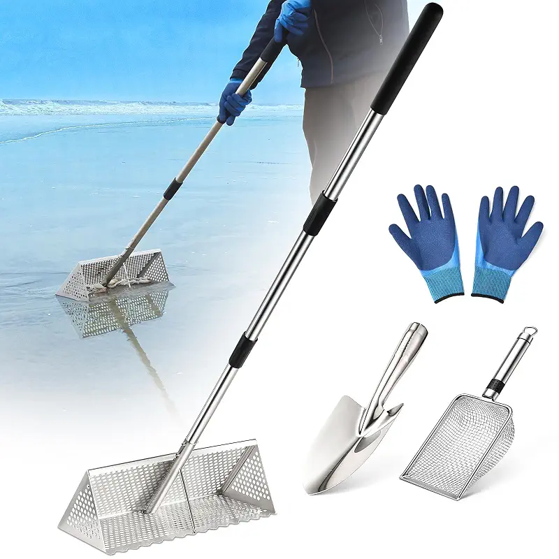 Sand Flea Rake, Long Handle Sand Sifter for The Beach, Stainless Steel Shark Tooth Sifter Comes with A 16-Inch Wide Mesh Screen for Collecting Fleas, Shark Teeth, and Seashells