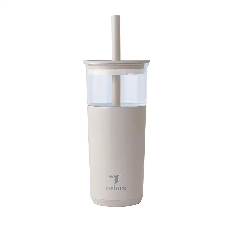 REDUCE Aspen - 20oz Vacuum Insulated Glass Tumbler - Extra Wide Straw & Lid | Keeps drinks cold for 12 hours, ideal for iced coffee, smoothies & boba, dishwasher safe, soft base