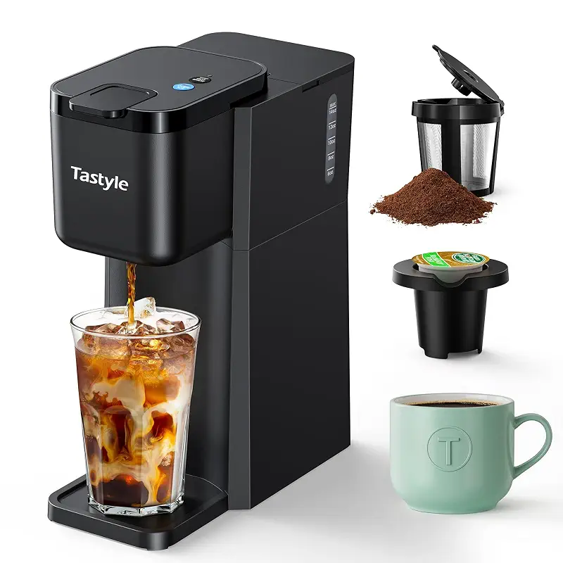 Tastyle Mini Single Serve Hot and Iced Coffee Maker for K Cup and Ground | 6 to14 Oz Brew Sizes, with Recipe Book, for Home, Travel, RV, Office and Dorm, 120V, K310IC, 2.0 version, Classic Black