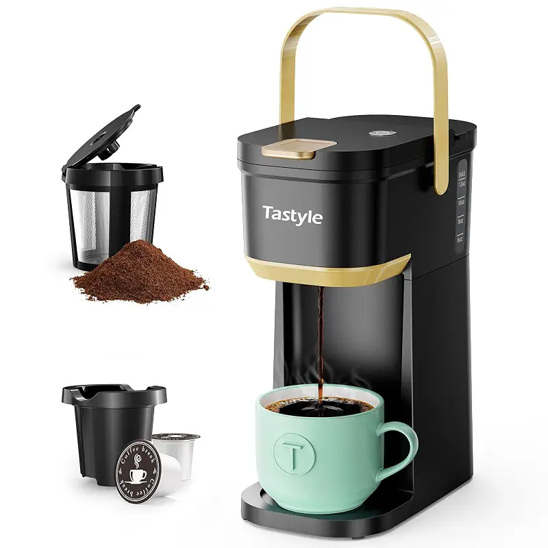Tastyle Mini Single Serve Coffee Maker for K Cups and Grounds with Handle | for Travel, Camping, Office, RV and Dorm, Portable Handle, 120V, 6 to 12 Oz Brew Size, BPA Free, K302, Black and Gold