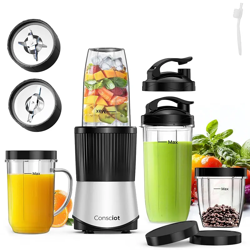 Consciot 16-Piece Blender & Grinder Combo for Kitchen and Personal Size | Blend Shakes & Smoothies, Frozen Drinks, Baby Food, Spreads & More, 4 BPA-Free Portable To-Go Cups & 4 Lids, 900 Peak Watts