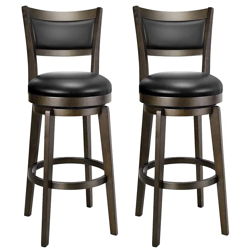 PrimeZone Swivel Bar Stools Set of 2, 30 Inch Bar Height Barstools | Black Faux Leather, High Backrest, Solid Rubberwood Frame, Wrap-around Footrest, Counter Stools for Kitchen Island, Pub