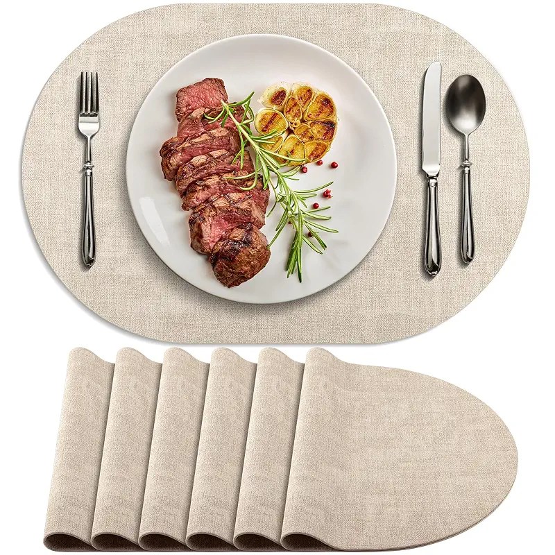 Placemats for Dining Table Set of 6 Non-Slip, Heat Resistant Oval Leather Placemat Double Layer, Waterproof Table Mats Easy to Clean for Kitchen Dining Room Coffee Office Table, Beige