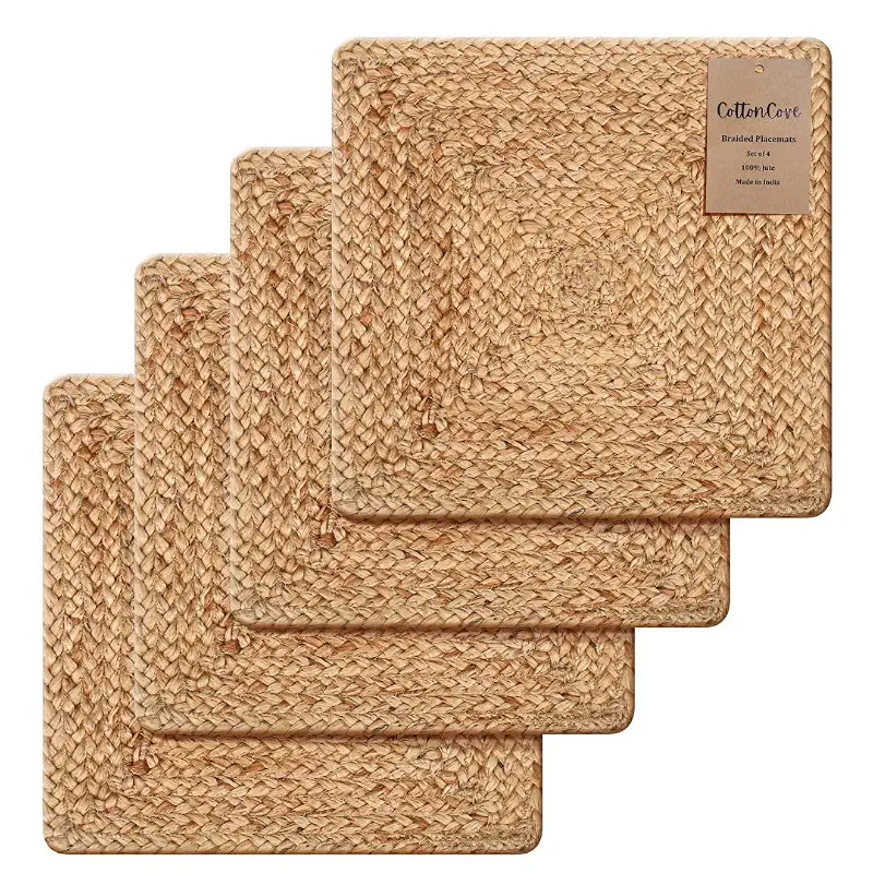 Jute Braided Placemats Set of 4-100% Jute Nonslip 14x14 inch Square Farmhouse Vintage Placemats for Dining Table - Perfect for Indoor Outdoor Natural Jute Placemats