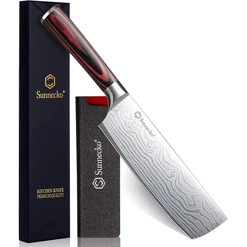 Sunnecko Nakiri Knife - 7" Chef Knife for Meat Cleaver Vegetable Chopping | 12° Edge Razor Sharp Kitchen Knife, High Carbon Steel Multipurpose Cleaver Knife with Sheath, Ideal Gift for Home Cooks Men