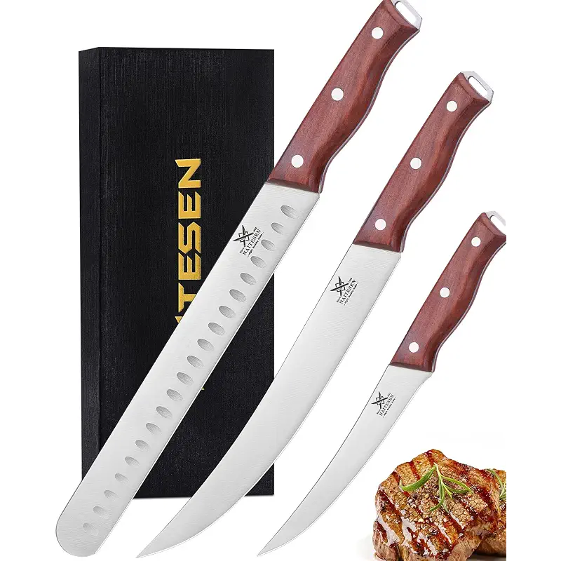 Naitesen 3PCS Professional Brisket Carving Knife Set, Butcher Knives | Gift Box, Very Sharp Full Tang Rosewood Handle High Carbon Steel Meat Knives for BBQ Slicing Cutting