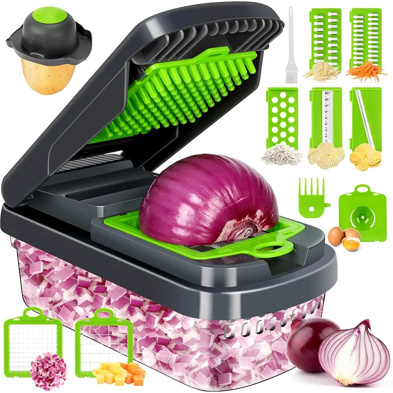 Yusshn Vegetable Chopper, 12-in-1 Food Veggie Chopper Cutter with Container | 7 Sharp Blades Dice, Slice, Shred and Grate for Salads, Onions and Meal Prep, with a Non-Slip Base and Drain Basket