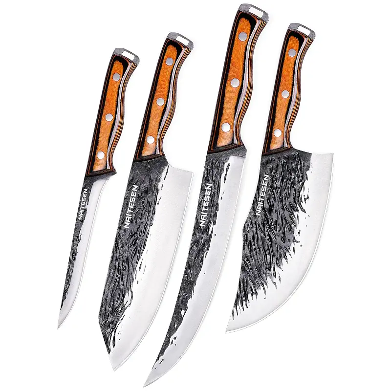 4PCS Hand Forged Butcher Knife Set, Kitchen Knives Gift for Men Women | Gift Box Razor Sharp Heavy Duty Meat Cleaver Serbian Chef Knife Breaking Knife Boning Knife for Meat Cutting BBQ Kitchen Use