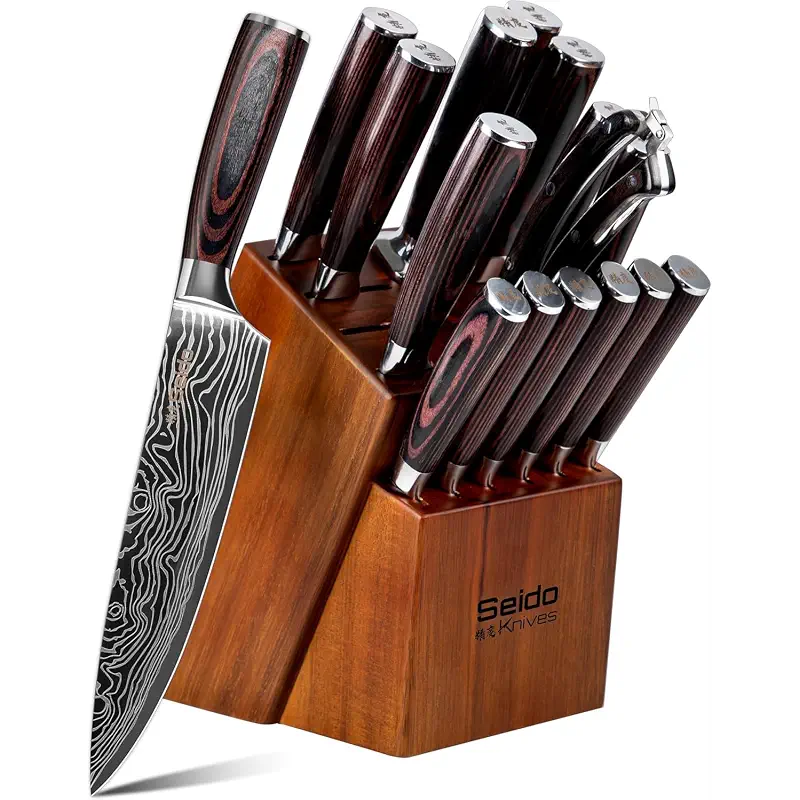 Seido Master 17-Piece Damascus Knife Block Set, Acacia Wood Block | Damascus steel kitchen knives with matching storage block for complete home chef prep