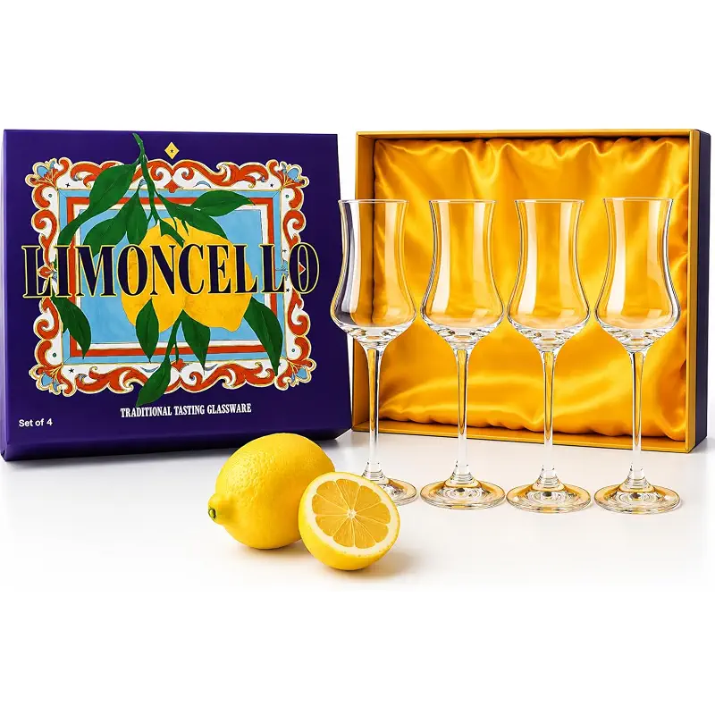 Khen Crystal Limoncello Cordial Glasses | 4 Set | Tall 3.3 oz Long Stemmed Spirit Glassware for Sipping Aromatic Liquor, After Dinner Drink, Digestivem Aperitif, Elegant Cordial Tulip Shaped Stemware