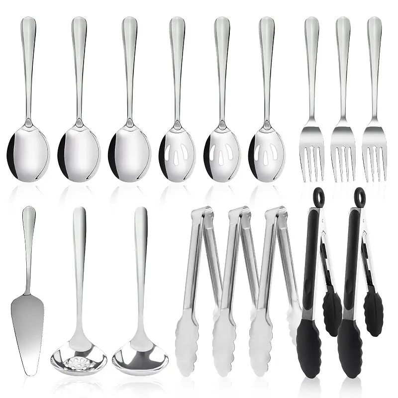 17PCS Serving Spoons and Utensils Set, Stainless Steel Serveware Silver | Serving Spoons,Slotted Spoons,Forks,metal and silicone-tip tongs,Cake Server,Ladle,Skimmer for Buffet, Catering, Party