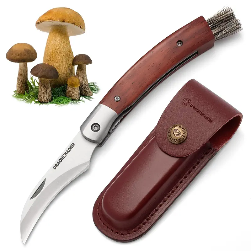 DRACHENADER Mushroom Knife N-1, 8.15" Folding Mushroom Knife with Brush, Leather Sheath, 5Cr14MoV Stainless Steel Blade, secure Liner-Lock Design for Foraging and Harvesting