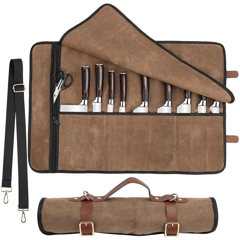 Knife Roll with Leather Straps and Metal Buckles, Double Layer Waxed Canvas Knife Bag, Large Chef Knife Bag with Handle and Shoulder Strap