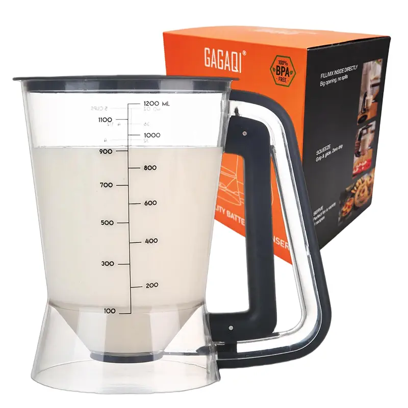Pancake Batter Dispenser 5 Cup with Sturdy Handle,Batter Separator for Pancakes, Cupcake, Waffle, Muffin Mix, Cake & Crepe Batter pitcher with Squeeze Handle Baking Tools-Black