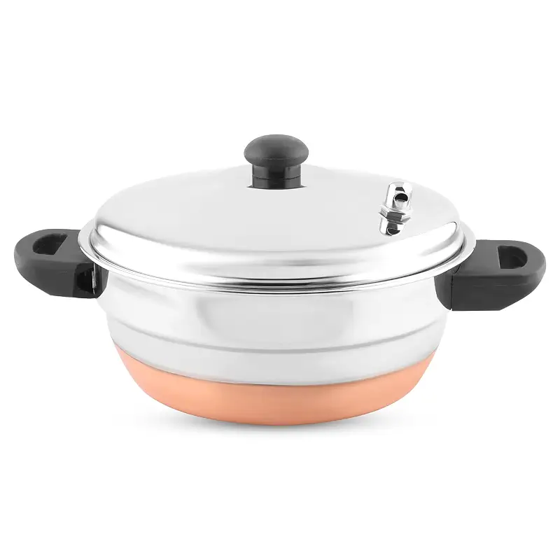 KSJONE All in One Copper Bottom Idli Cooker 4 pcs Multi Kadai with Stainless Steel lid, 2 idli Plates (10 Idlis) 1 Steamer and 1 Idli Spoon with Whistle, Silver