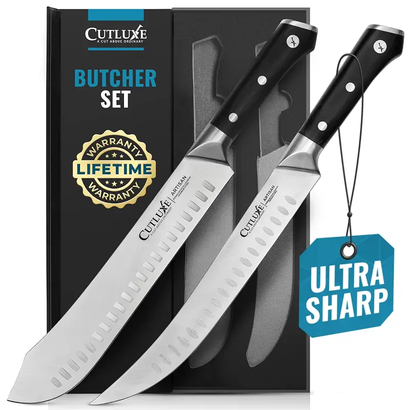 Cutluxe Butcher Knife Set, Cimeter Breaking & Bullnose Carving for Meat | Professional BBQ Blades, Razor Sharp German Steel, Full Tang Ergonomic Grip – Artisan Series