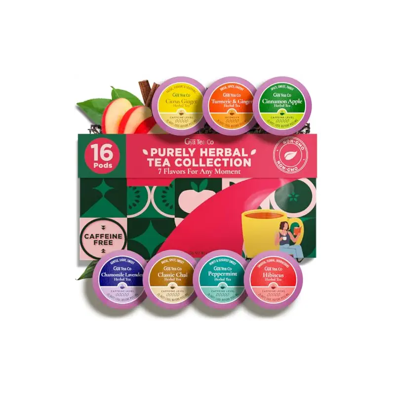 Purely Herbal Tea Pod Gift Set (16 Count) - 7 Flavors Assorted Variety Pack | Chamomile Lavender, Peppermint, Chai, Citrus Ginger, Turmeric Ginger, Cinnamon Apple, Hibiscus, Tea Sampler, Non-GMO