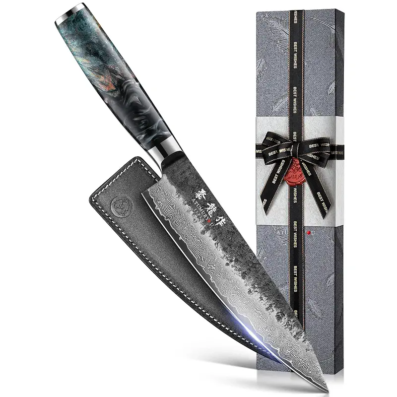 8'' Japanese Chef Knife, Razor Sharp Hand-Forged Damascus VG10 Steel Core | Kurouchi Forged Finish, 67-Layer Damascus Cladding, For Professional & Home Chefs, Leather Sheath Included, Premium Gift Box