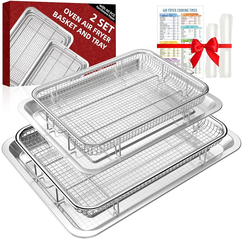 Air Fryer Basket for Oven,Oven Air Fryer Basket and Tray with Cooking Guide | 2 Set, 60 PCS Parchment Papers,DEGOVIN Crisper Tray Non-stick Stainless Steel Air Fry Pans for Convection Oven(Large+Medium)