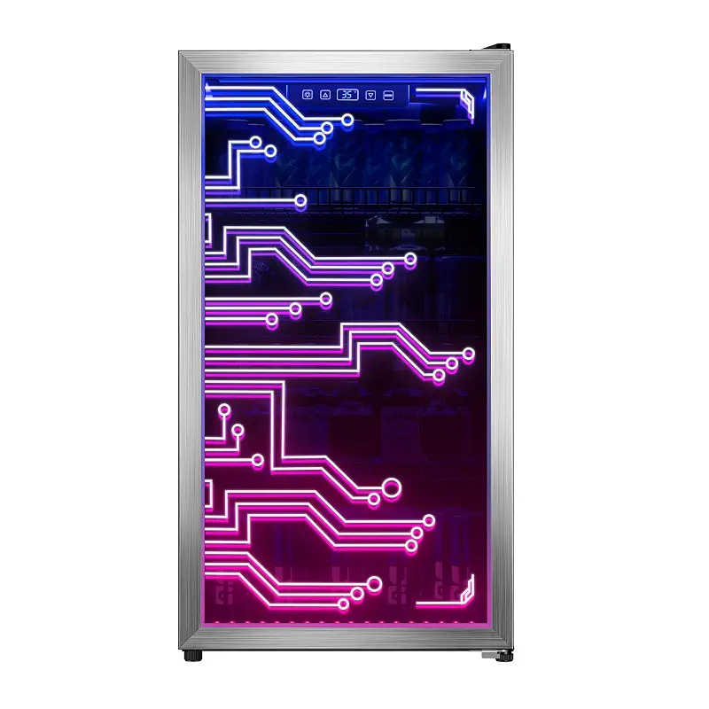 Cyberpunk Beverage Cooler, 130 Can Mini Fridge, LED Light Door, Gaming Room | Colorful LED Ambient Lighting, Freestanding for Bar & Party, Adjustable Shelves for Cans & Bottles