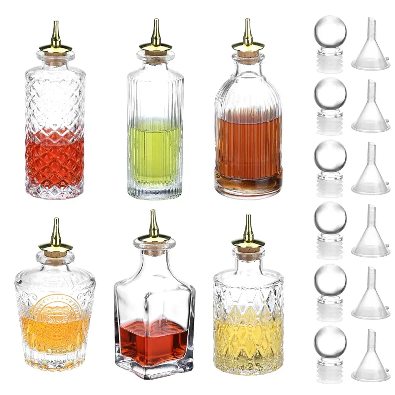 QWORK Glass Bitters Bottle Set of 6 – Zinc Alloy Dash Tops for Home Bars, Restaurants & Cocktail Stations