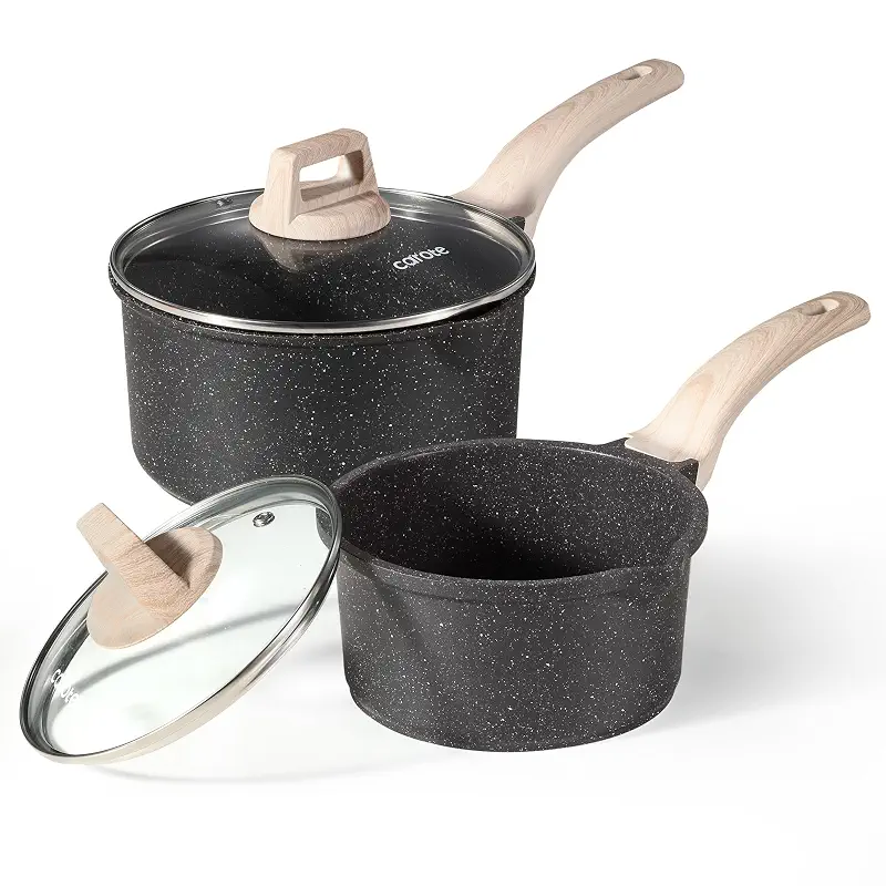 CAROTE Nonstick 1.5Qt & 3.0Qt Sauce Pan Sets with Lid, Black | Kitchen Non Toxic Cookware with Stay-cool Handle, All Stovetops Compatible, Easy to Clean, PFOA Free