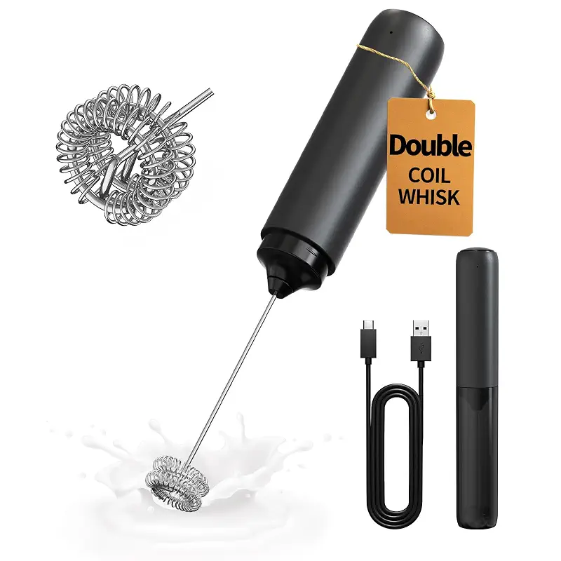 CIRCLE JOY Rechargeable Milk Frother Handheld, Dual Coil Whisk Head Electric Coffee Frother, Portable Hand Frother Wand Drink Mixer for Matcha Lattes Cappuccino, Kitchen Gifts, Black