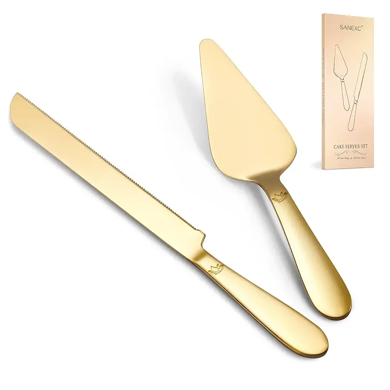 Wedding Cake Cutting Set - Extended Thickened Knife and Server Gold | 2 Pcs 13.0" cutter & 10.49" spatula, Food-grade Stainless steel rounded edges, Rust-proof, Sturdy, for birthday, Anniversary