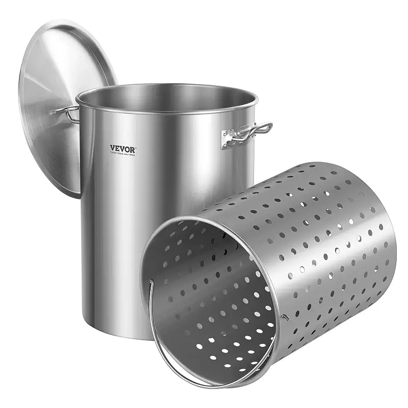 VEVOR Stainless Steel Stockpot, 36 Quart Cooking Pots, Cookware Sauce Pot with Basket, Lid, and Handle, Heavy Duty Commercial Grade Stock Pot, Sanding Treatment, for Steaming Boiling or Frying Silver