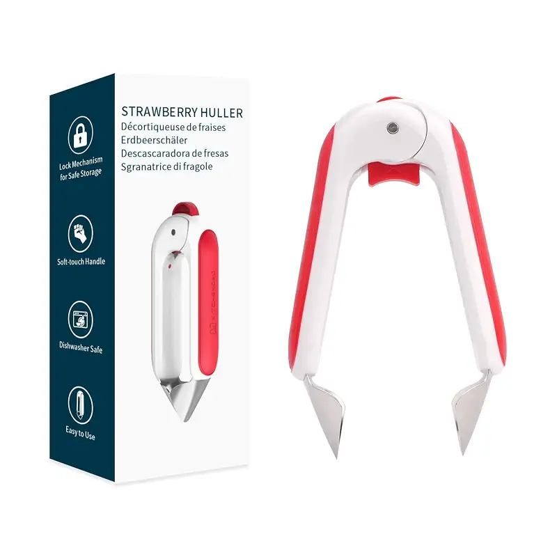 KITCHENDAO Strawberry Huller Corer Stem Remover with Safety Lock, Non-Slip Soft-touch Handle, Sharp Blades, Dishwasher Safe,1 Pack