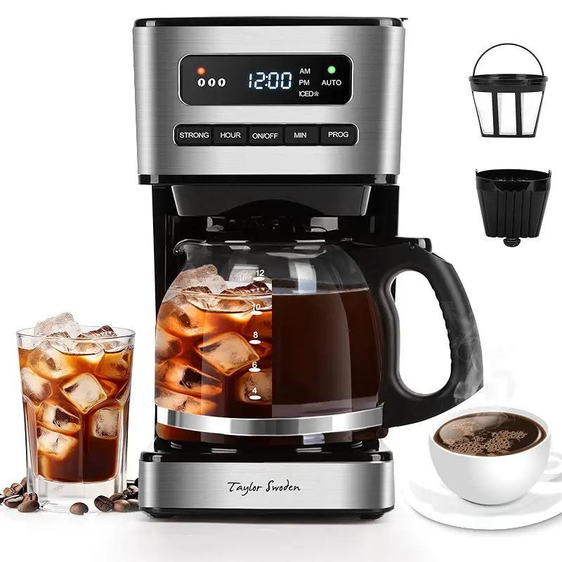 Taylor Swoden Programmable Coffee Maker 12 Cup, Black & Stainless Steel | Hot and Iced Coffee Maker, 4 Brew Strength, LED Display, 24H Timer, Keep Warm&Auto Shutoff- Drip Coffee Machine for Home