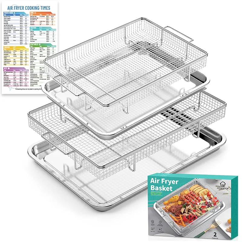 OPENICE Air Fryer Basket for Oven with Magnetic Cheat Sheet, Set of 2 | 25% Thicker Oven Air Fryer Basket and Tray | Stainless Steel Air Fryer Pans and Crisper Tray for Convention