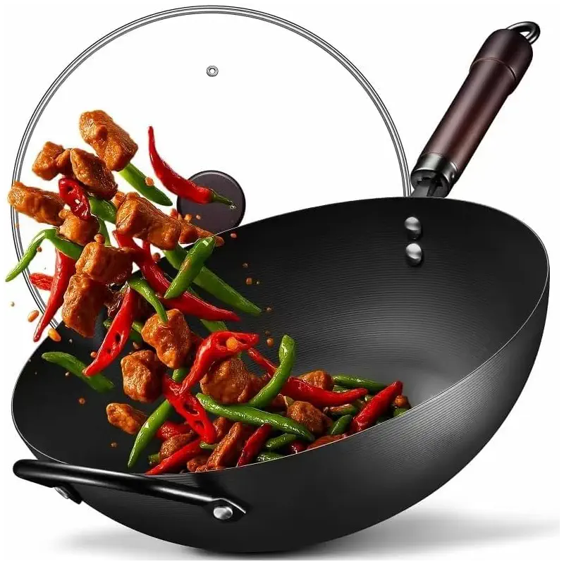 FGJ Wok, 13 Inch Carbon Steel Woks & Stir-fry Pans Nonstick Roasting Pan | Pre-Seasoned 5.8QT Flat Bottom Chinese Wok Roasting Pan with lid,PFOA/PTFE free Cookware Compatible with All Cooktops