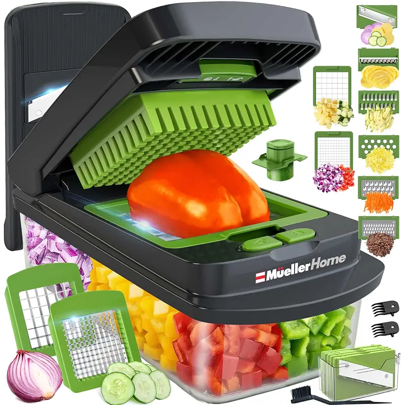 MUELLER HOME Pro-Series 10-in-1 Vegetable Chopper with Container, 8 Blade | Fruit Cutter, Dicer, Tomato Slicer, French Fry Cutter Potato Slicer, Salad Chopper, Gray/Green
