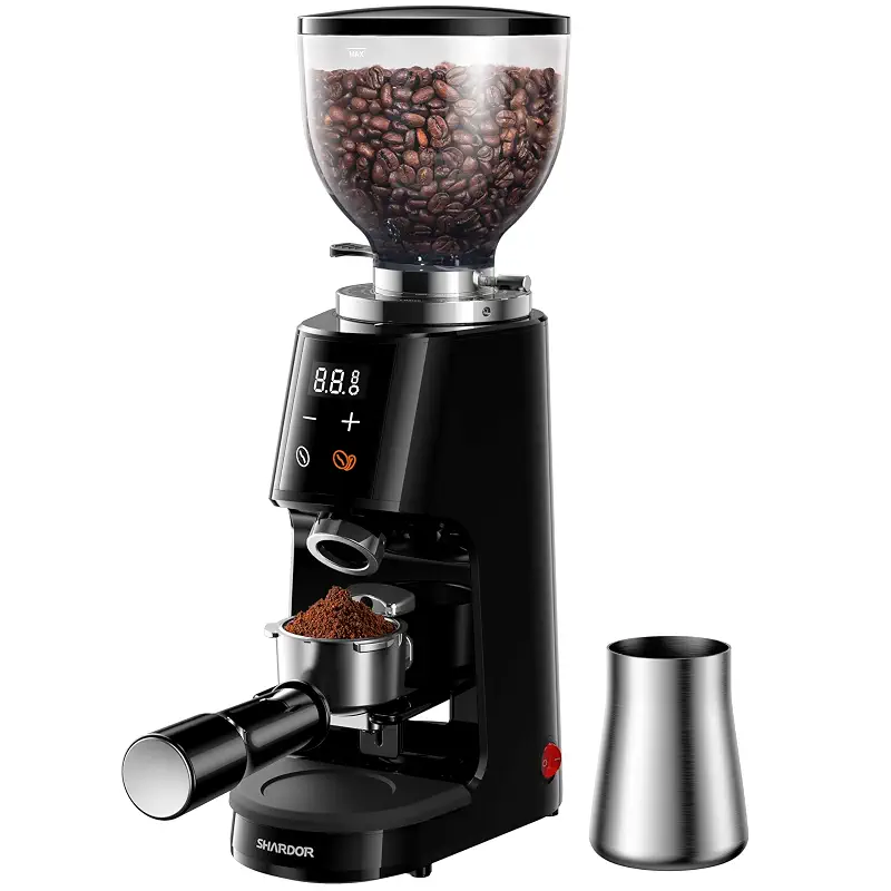 SHARDOR 64mm Flat Burr Coffee Grinder, 100 Settings, Anti-Static, Black | Electric Bean Grinding, All-Metal Chamber, Portafilter Holder,Precision Timer, LED Display, 260W, Silicone Bellows, 120V Only
