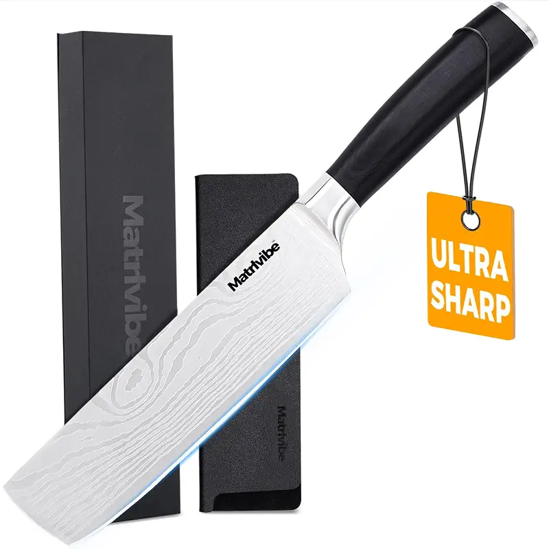 7" Nakiri Knife Ultra Sharp Kitchen Knife For Meat and Vegetable | High Carbon Steel, Economic Handle, with Premuin Gift Box and Sheath, Ideal Gift for Men and Women