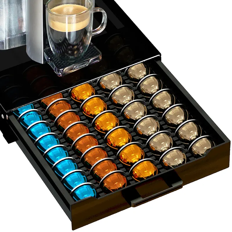 Vertuo Pod Holder Drawer, Nespresso Pods Holder, Holds 50 Big/75 Small pods | Fits Nespresso Vertuoline Pods,Nespresso Pod Organizer with Black Tempered Glass Top,Smooth Pull-Out Drawer,Compact Design