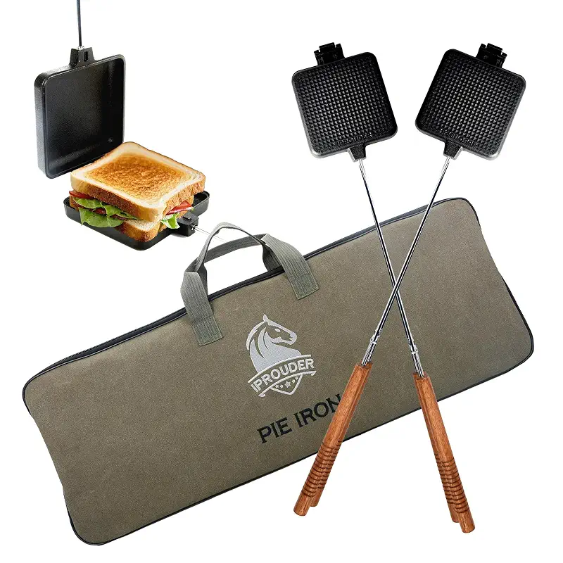 Campfire Pie Iron 4.9" Large Cast Iron Sandwich Maker for Camping 2 Pcs with Storage Bag - 22.6 inch Thickened Handles - Campfire Cooking Equipment for Grilling & Outdoor Cooking