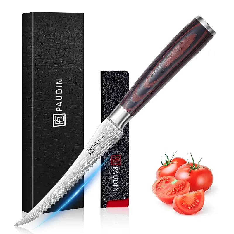 PAUDIN Tomato Knife, 5 inch Serrated Tomato Knife with Sheath | High Carbon Stainless Steel Tomato Slicer Knife for Smooth Cutting Slicing Vegetables and Fruits