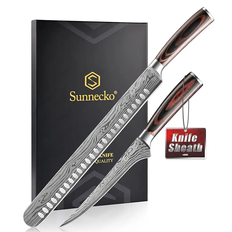 Sunnecko BBQ Carving Knife Set,Slicing and Boning Knife for Meat Cutting | German High Carbon Stainless Steel Carving Knife for Meat and Turkey