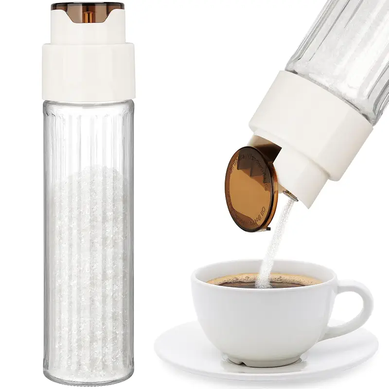NiHome 16.9oz Sugar Dispenser, Ribbed Glass Jar, Auto Pour for Coffee Bar | Food-Grade & Odor-Free for Creamer, Salt & Seasonings, Large Capacity for Kitchen & Dining Use