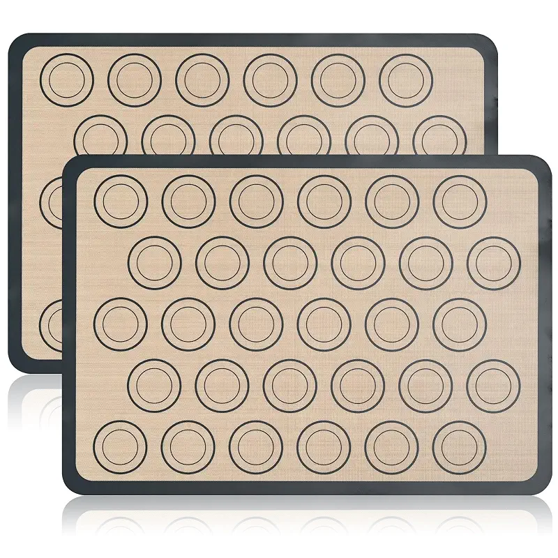 Luckyiren Macaron Silicone Baking Mats, 2 Pack Half Sheet Set, Gray/Beige | Two 16.54 x 11.62 in macaron silicone baking mats feature circles for evenly sized macarons; nonstick half sheet liners.