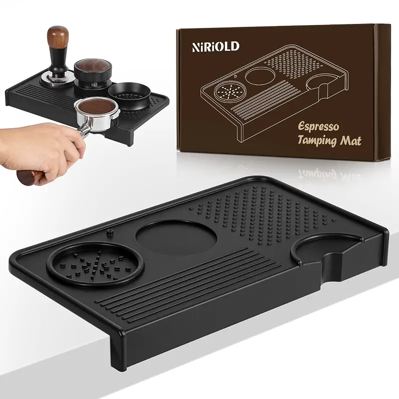 Espresso Tamping Mat, Coffee Tamper Mat, Food Grade Silicone 10.43″×5.63″ Portafilter Mat for Barista Espresso Machine Acceessories, Waterproof Heat Resistant Tamp Station for counter (Black)