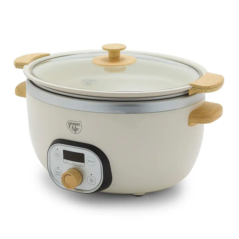 GreenLife 8QT Ceramic Nonstick Slow Cooker, Cooktop/Oven Safe, Cream | PFAS-Free Nonstick Removeable Inner Pot, Dishwasher Safe Components, Programmable, Keep Warm, Delay Timer, Extra Large