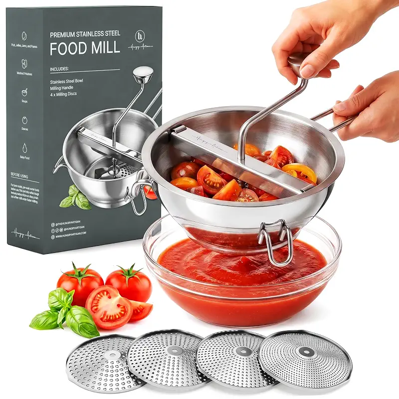 Hungry Artisan 4-Disc Food Mill for Jams, Purees & Silky Sauce | Stainless steel, ergonomic rotary crank; also for tomato sauce, canning, applesauce, baby food & mashed potatoes
